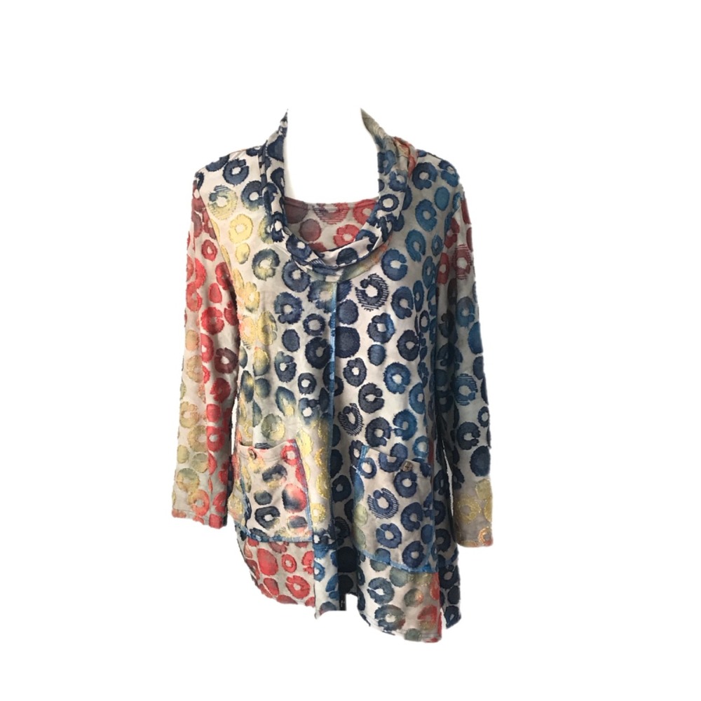 Ali Miles Embroidered Tunic Rainbow Wearable Art Boho Cowl Neck Top Size M
